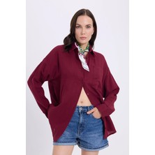 Tudors Kadın Oversize Geniş Kesim %100 Pamuk Müslin Kumaş Uzun Kollu Cepli Dokulu Bordo Gömlek