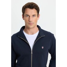 Tudors Erkek Slim Fit Dar Kesim Pamuklu Tam Fermuarlı Çift Cepli Dik Yaka Lacivert Sweatshirt Hırka
