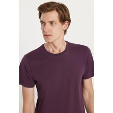 Tudors Unisex Slim Fit Dar Kesim %100 Pamuk Yumuşak Dokulu Mor Bisiklet Yaka Tişört
