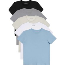 Tudors Unisex 5'li Paket Siyah-Beyaz-Taş-Mavi-Gri Slim Fit Dar Kesim %100 Pamuk Bisiklet Yaka Tişört