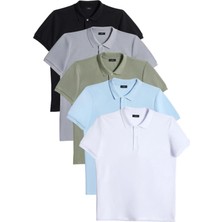 Tudors Erkek 5'li Paket Siyah-Gri-Haki-Mavi-Beyaz Slim Fit Dar Kesim Pamuklu Düz Pike Polo Yaka Tişört