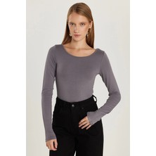 Tudors Kadın Slim Fit Dar Kesim Uzun Kollu Viskon Gri Bluz