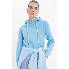 Tudors Kadın Relax Fit Rahat Kesim Pamuklu Kapüşonlu Kanguru Cepli Mavi Sweatshirt