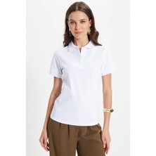 Tudors Kadın Slim Fit Dar Kesim %100 Pamuk Polo Yaka Beyaz Pike Tişört