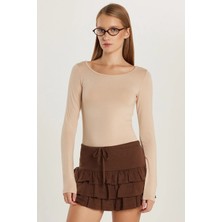 Tudors Kadın Slim Fit Dar Kesim Uzun Kollu Viskon Bej Bluz