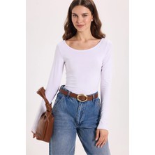 Tudors Kadın Slim Fit Dar Kesim Uzun Kollu Viskon Beyaz Bluz