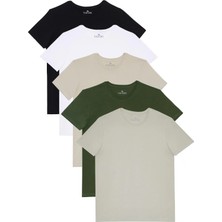 Tudors Unisex 5'li Paket Siyah-Beyaz-Taş-Gri-Haki Slim Fit Dar Kesim %100 Pamuk Bisiklet Yaka Tişört