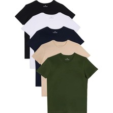 Tudors Unisex 5'li Pkt Siyah-Beyaz-Lacivert-Vanilya-Haki Slim Fit Dar Kesim %100 Pamuk Bisiklet Yaka Tişört