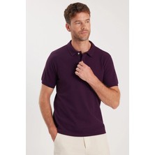 Tudors Erkek Slim Fit Dar Kesim Pamuklu Yumuşak Dokulu Serin Tutan Kumaş Düz Pike Mürdüm Polo Yaka Tişört
