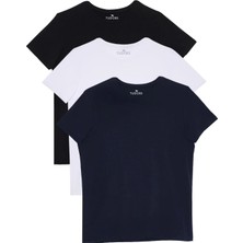 Tudors Unisex 3'lü Paket Siyah-Beyaz-Lacivert Slim Fit Dar Kesim %100 Pamuk Bisiklet Yaka Tişört