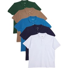 Tudors Erkek Regular Fit %100 Pamuk 5'li Yeşil-Kahverengi-İndigo-Beyaz-Lacivert Renk Cepli Polo Yaka Tişört