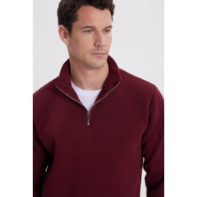 Unisex Relax Fit Rahat Kesim Pamuklu İçi Polarlı Yarım Fermuarlı Bordo Dik Yaka Sweatshirt