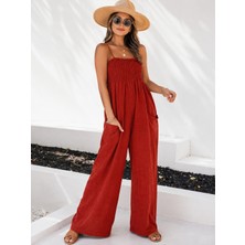 Meride Fashion Ip Askılı Göğsü Lastik Detaylı Cepli Uzun Sofia Tulum