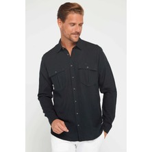 Tudors Erkek Regular Fit Klasik Kesim Oversize %100 Pamuk Keten Doku Çift Cep Siyah Gömlek