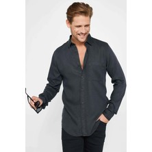 Tudors Erkek Slim Fit Dar Kesim Uzun Kollu Denim Kot Tek Cepli Siyah Spor Yaka Gömlek