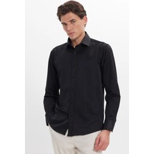 Tudors Erkek Modern Slim Fit Düz Saten Pamuklu Siyah Gömlek