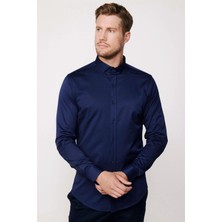 Tudors Slim Fit Uzun Kollu Likralı Düz Pamuk Saten Erkek Lacivert Gömlek