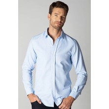Tudors Modern Slim Fit Uzun Kollu Pamuklu Kolay Ütü Armürlü Erkek Mavi Gömlek