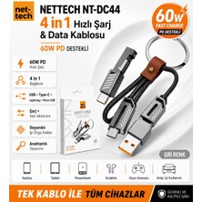Nettech NT-DC44 4 in 1 60W PD Hızlı Şarj ve Data Kablosu USB Type-C Lightning Micro USB İp Örgü Gri