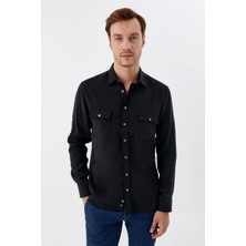 Sabri Özel Siyah %100 Pamuk Klasik Yaka Cepli Slim Fit Gömlek
