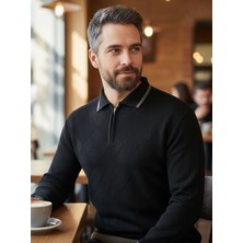 Kamalı Erkek Siyah Tüylenme Yapmayan Anti-pilling Standart Fit Normal Kesim Premium Polo Yaka Triko Kazak