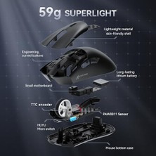 Palmira Demir Attack Shark R1 59G Superlıght Fare, Pixart PAW3311 Oyun Sensörü, Bt/2.4g Kablosuz/kablolu Oyun Faresi, 18000'E Kadar 6 Ayarlanabilir Dpı, 65 Saat Pil (Siyah)