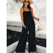 Meride Fashion Ip Askılı Göğsü Lastik Detaylı Cepli Uzun Sofia Tulum