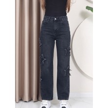 Circle Jeans Siyah Kadın Yüksek Bel Yıldız Detaylı Wide Leg Pantolon