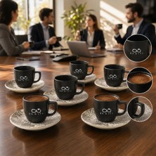 BK Gift Logonuza Özel 6 Kişilik Black Magic Mat Siyah Fincan Takımı - 6 Fincan 6 Tabak Kurumsal Set