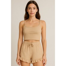 Ett Crop Takım - Askılı Crop Takım Likralı Bej (L)