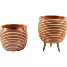 Palmira Demir Bitki Tasarımı Ev Dekorasyon Yan Çizgi Desenli Terrakota Toprak Saksı Saksılık Salon Çiçeklik Ikili Set Ayaksız - 3 Ayaklı- 15 cm