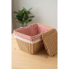 Palmira Demir Kapaklı Rattan Vintage Dantelli Dikdörtgen Piknik Sepeti -9T14 U/6