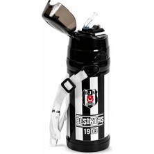 Beşiktaş Lisanslı Silikon Pipetli Çelik Matara - Çubuklu Desenli Paslanmaz Su Matarası 425 ml