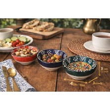 Palmira Demir Kabartma Desenli El Boyaması Seramik Kase Seti, 3’lü Renkli Çini Motifli Dekoratif Sunum Kaseleri, Kahvaltı, Meze, Çerez ve Servis Için Çok Amaçlı El Yapımı Kase Takımı