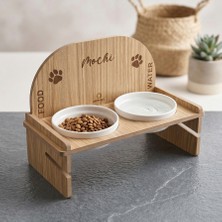 Petmagic Isme Özel, Ikili Ahşap Standlı, Seramik Kaseli, Yükseltilmiş Eğimli Tasarım Kedi Köpek Mama, Su Kabı