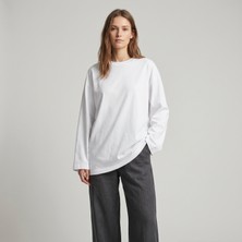 Nubarco Beyaz Oversize Geniş Kesim Uzun Kollu %100 Pamuk Yazlık Basic Tshirt