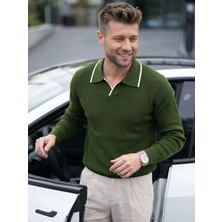 Kamalı Erkek Haki Oversize Selanik Örgü Polo Yaka Triko Kazak
