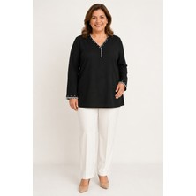 Bihan Store Kadın V Yaka Taşlı ve Harç Detaylı Uzun Kollu Tunik Bluz Y26-613-SIYAH