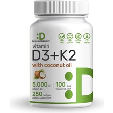 Deal Supplement Vitamin D3 5,000IU With K2 Mk7 100MCG With Coconut Oil, 250 Count