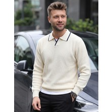 Kamalı Erkek Krem Oversize Selanik Örgü Polo Yaka Triko Kazak