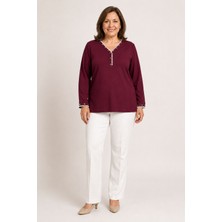 Bihan Store Kadın V Yaka Taşlı ve Harç Detaylı Uzun Kollu Tunik Bluz Y26-613-BORDO