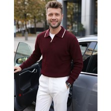 Kamalı Erkek Bordo Oversize Selanik Örgü Polo Yaka Triko Kazak