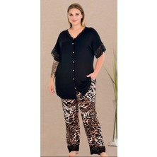 Yare Dantelli - Leopar Oversize Düğmeli Büyük Beden Pijama Takımı
