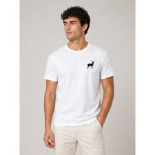 Erkek Minimal Geyik Logolu Tişört Bisiklet Yaka Kısa Kol Yazlık T-Shirt - Beyaz