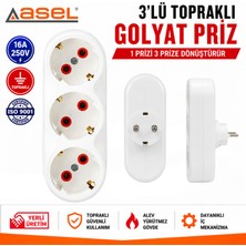 Asel 3'lü Düz Golyat Priz | Çoklu Priz | Priz Çoğaltıcı | Fişli Priz | 3'lü Topraklı Priz