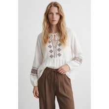 Shopping Shop Etnik Desen Müslin Bluz EKRU