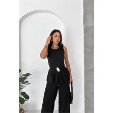Neşeli Butik Kaldın Siyah Kolsuz Gold Toka Detaylı Peplum Kesim Preium Tulum NBK4637