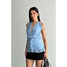Shopping Shop Tül Fırfırlı Bluz MAVI