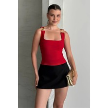 Shopping Shop Kare Yaka Askı Toka Bluz KIRMIZI