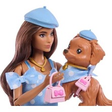 Ahl Shop Uyumlu Dostlar Kahverengi Saçlı Bebek ve Köpekçiği, Puantiye Desenli, Mavi Renkli Kıyafetler Giyen ve Bere, Çanta Gibi Aksesuarlar Takan, JFP38
